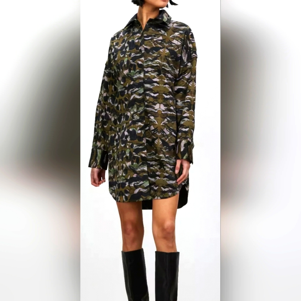 NWOT All Saints Inez Oniyuri Shirt Dress Khaki Green Size 8